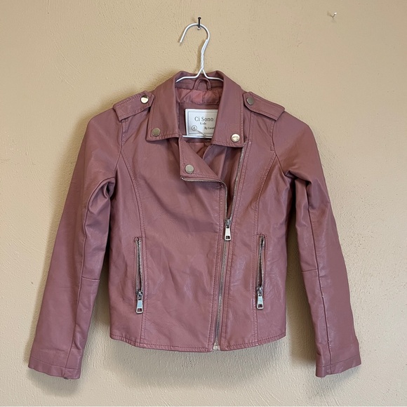Girls light pink faux leather moto jacket side zip with pockets size 8 - Picture 1 of 4
